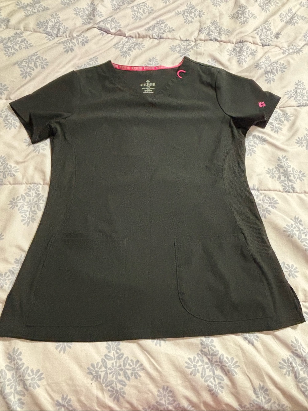 Med Couture Black Scrub Top with Pink Trim
